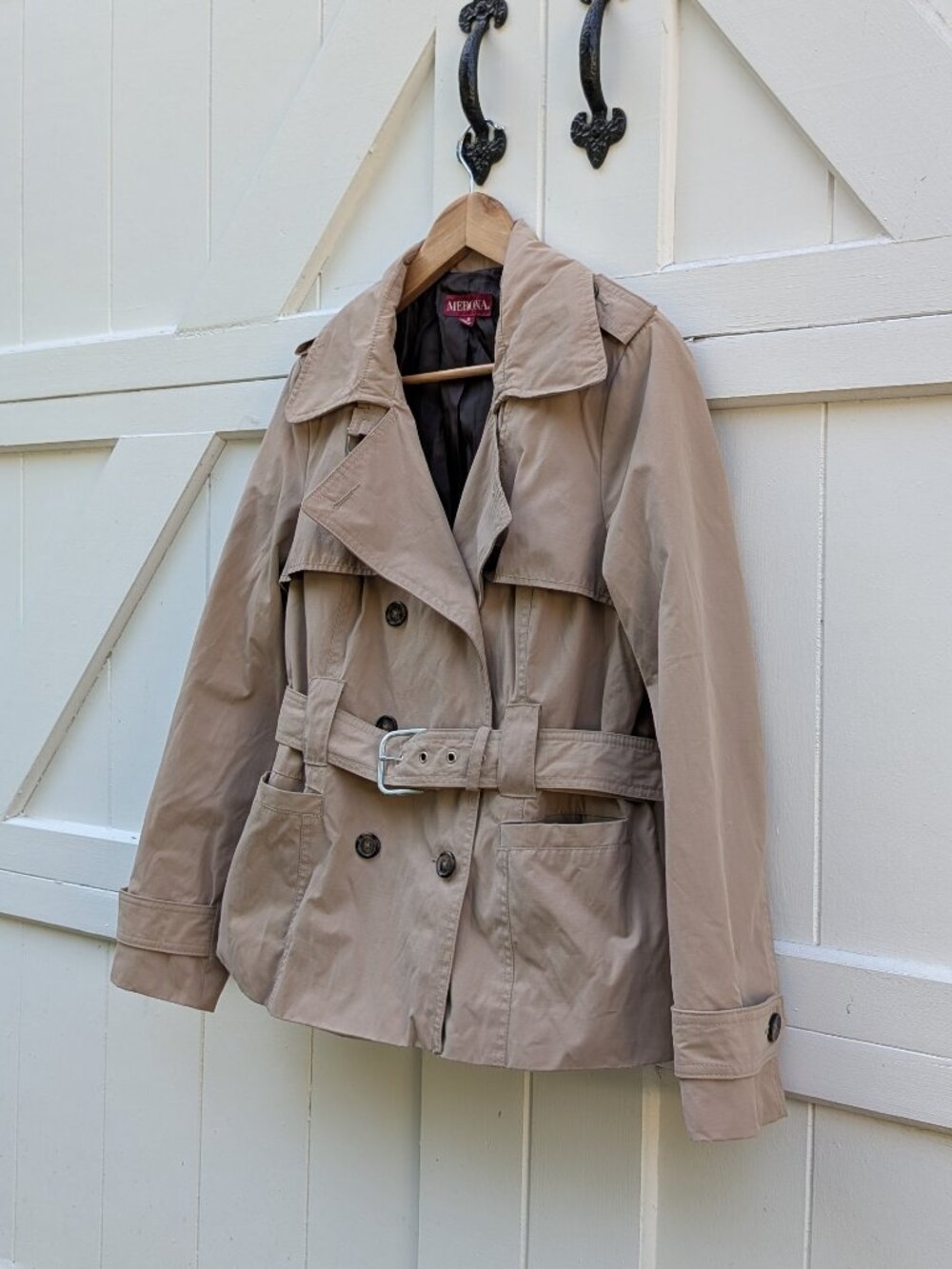 Merona Classic Tan Khaki Double Breasted Short Trench Coat Jacket Belted XL
